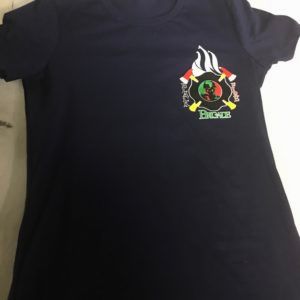 A black t shirt with a picture of a fire