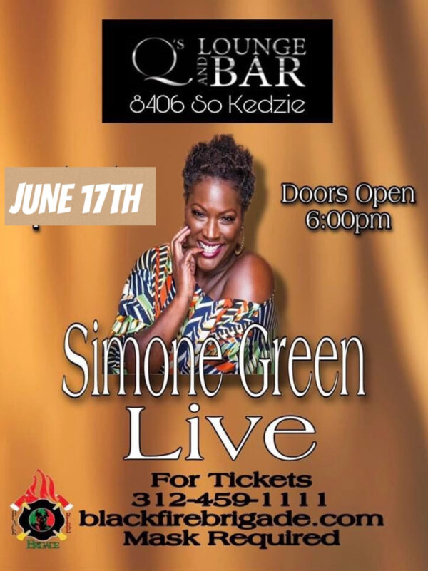 A poster of simone green live at the bar