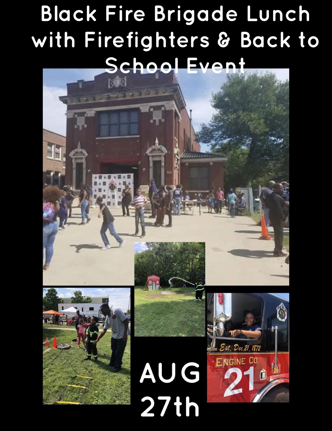 A poster of a school event with pictures of people and buildings.