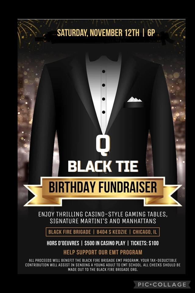 A poster for the q black tie birthday fundraiser.